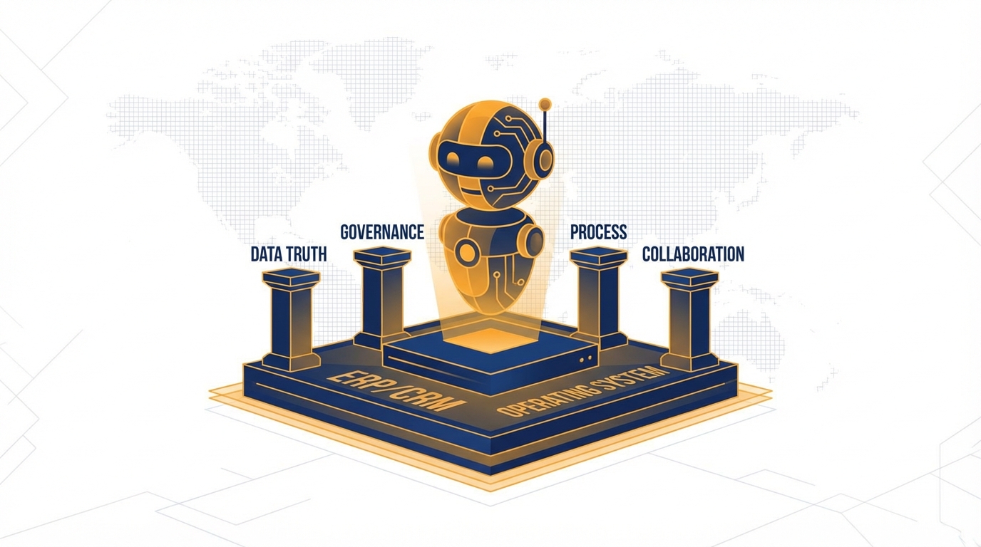 Enterprise AI agents ERP integration cover illustration (ERP/CRM operating system + governance pillars)