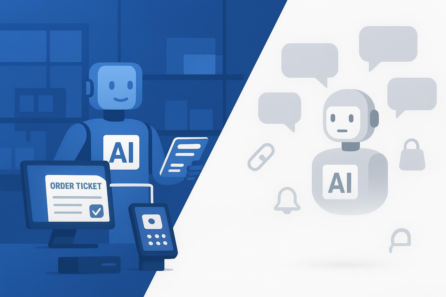 Split-scene illustration: a practical AI agent running retail and catering workflows vs. a flashy but useless chat-bubble toy.